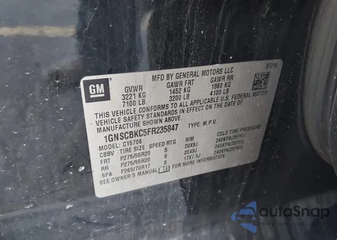 2015 Chevrolet Tahoe Lt из США, поврежденный, VIN 1GNSCBKC5FR235847